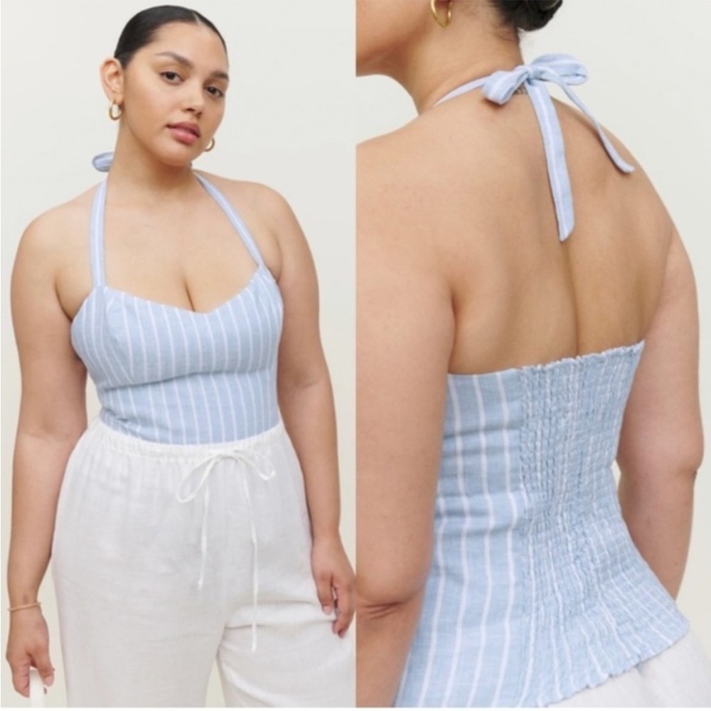 REFORMATION JENNA STRIPE LINEN HALTER TOP IN MINERAL STRIPE Sz 6 NEW